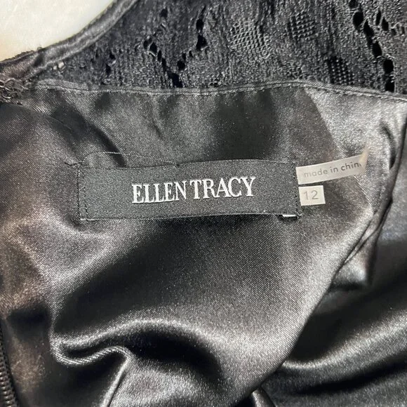 Ellen Tracy Size 12 Black Lace Floral Fit & Flare Midi Dress Formal Party - Picture 7 of 12